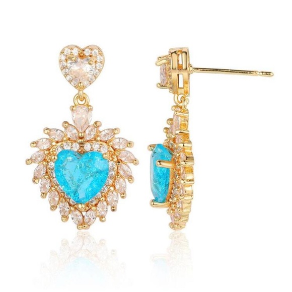 Cubic Zirconia, Blue Crystal Heart Decor Drop Gold tone Glam Luxury Earrings - Picture 1 of 8